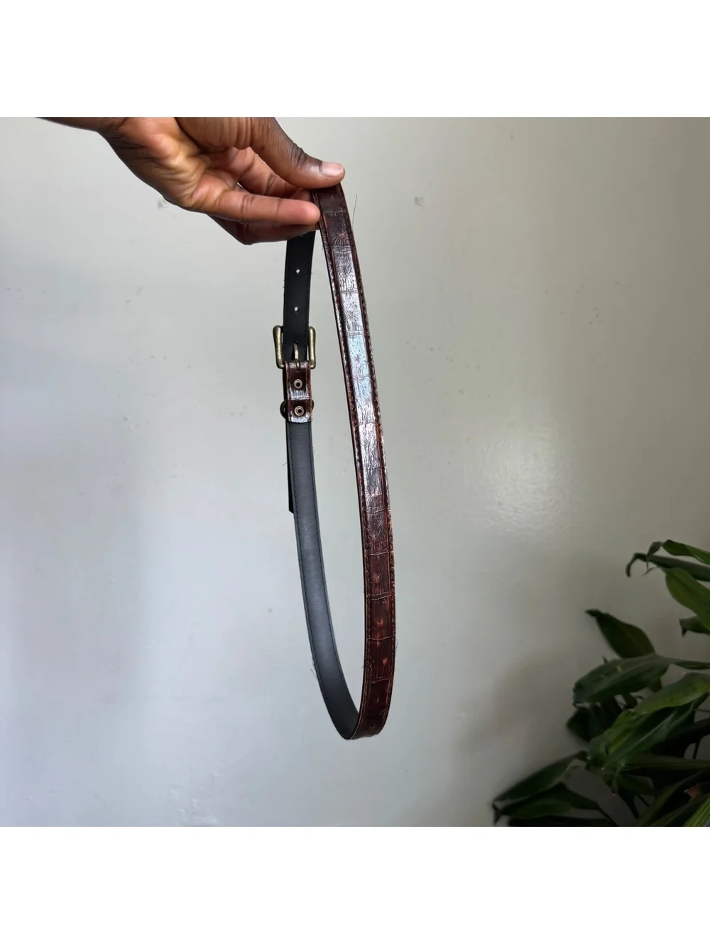 Vintage 90s Dark Brown Faux Croc Skinny Belt Brass Buckle Fits like M